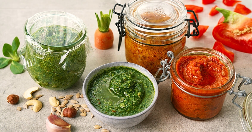 Receita Albal® Pesto de abobrinha, pesto de cenoura, pesto de pimentão.