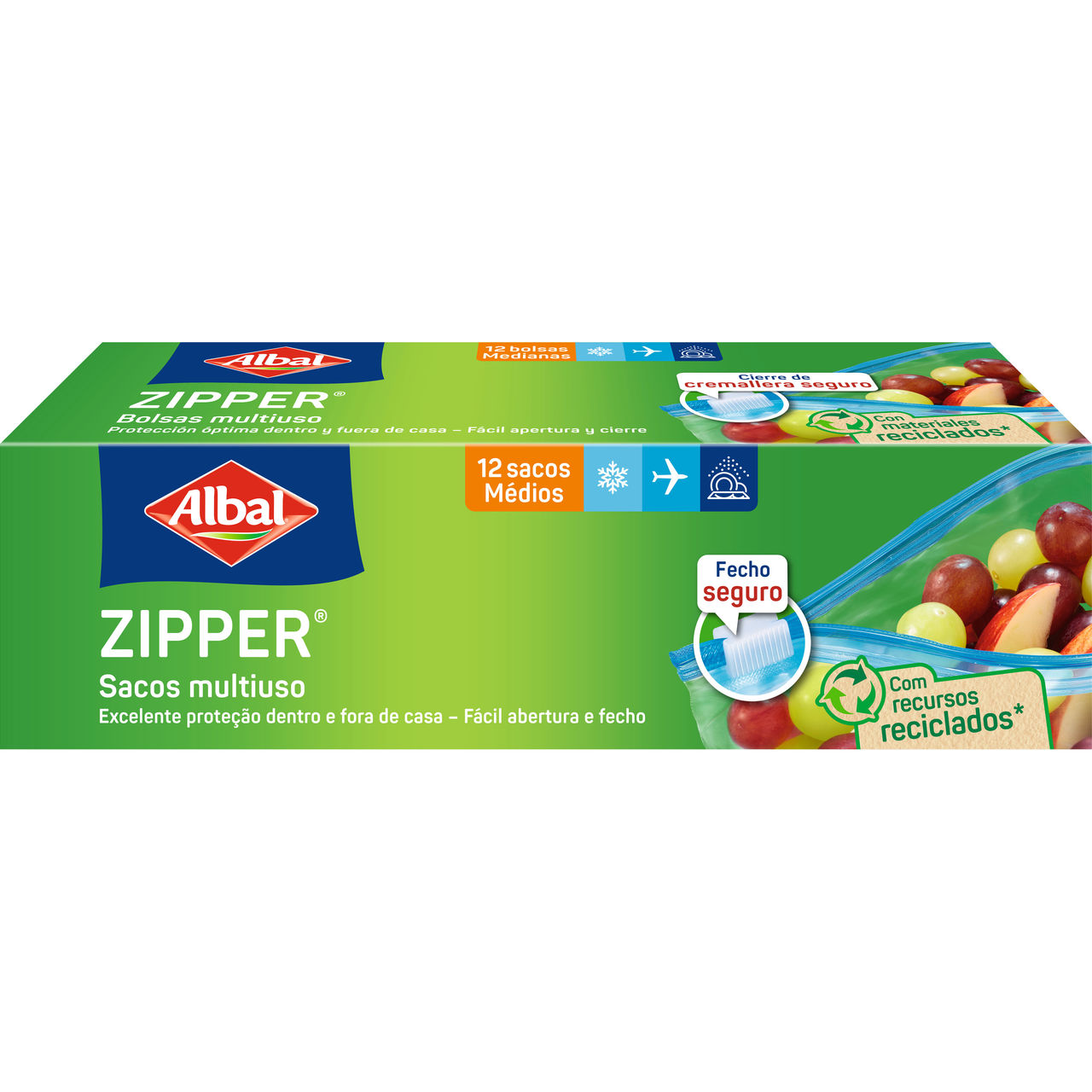 Caja de bolsas multiuso con cierre zipper, medianas, con protección óptima dentro y fuera de casa, fácil apertura y cierre, fabricadas con materiales reciclados, contiene 12 unidades.
